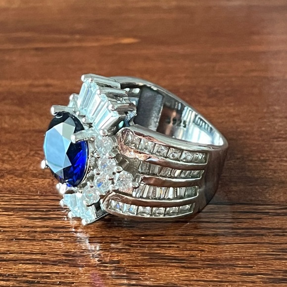White Gold Plated Blue Sapphire Diamond Crown Simulated Ring - Picture 9 of 14